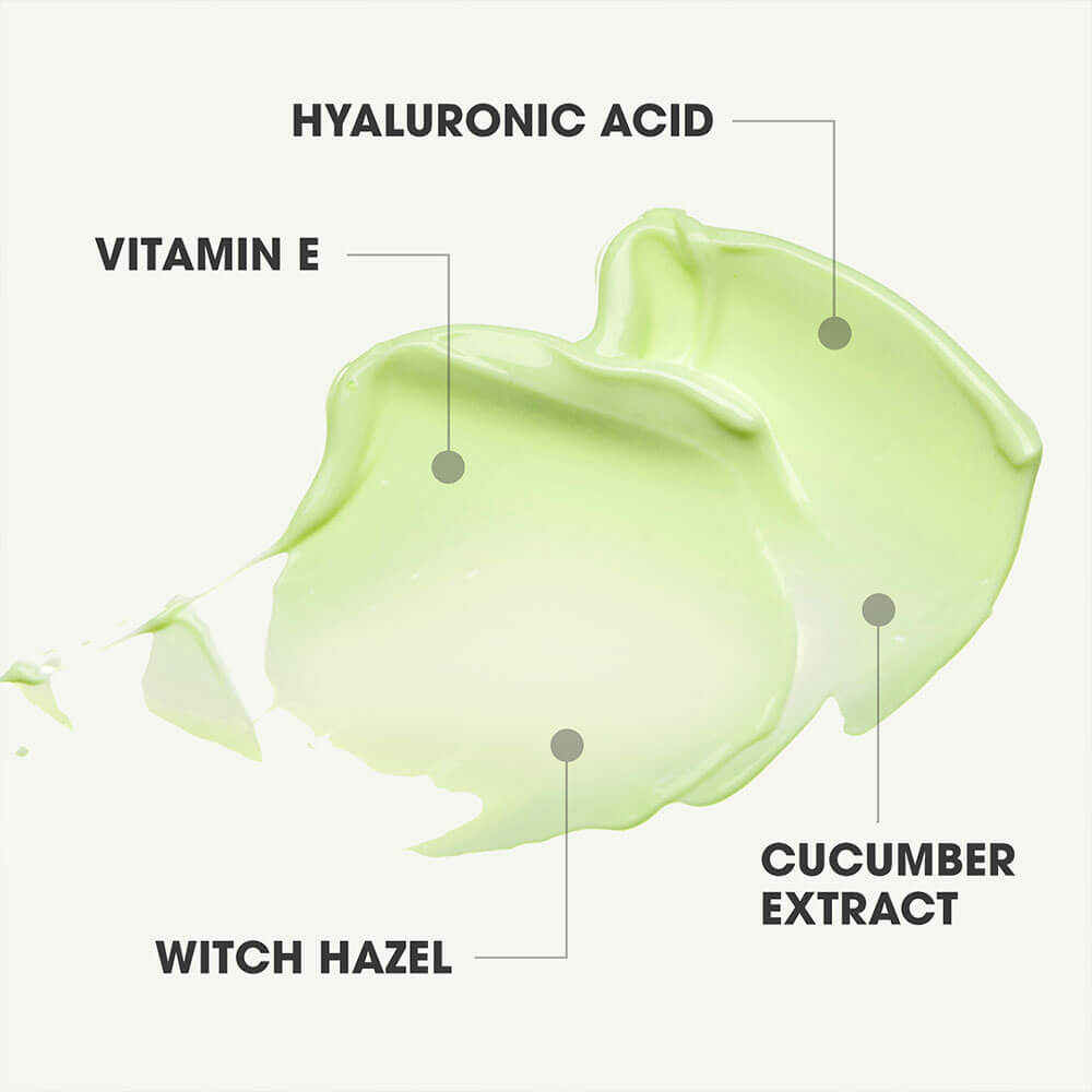 Green skincare product with labeled ingredients on a white background