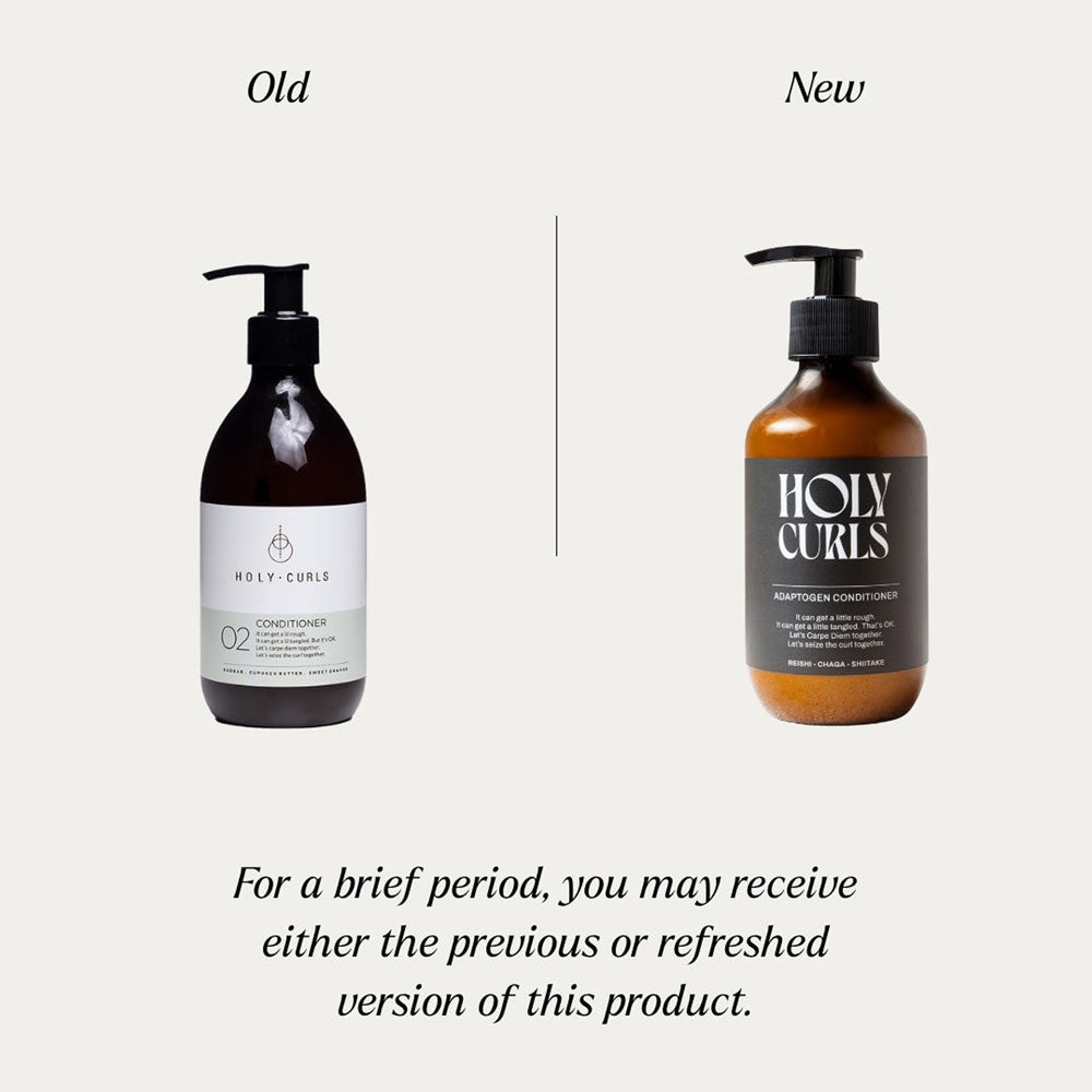 Comparison of 'Holy Curls' conditioner bottles labeled 'Old' and 'New' on a white background.