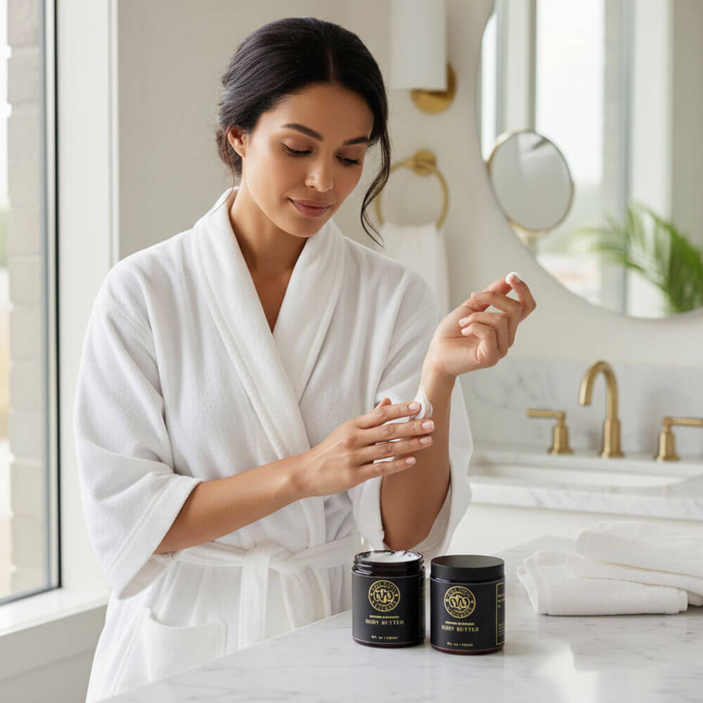 Woman using TallChic Mafura Mystique Luxe Skin Body Butter