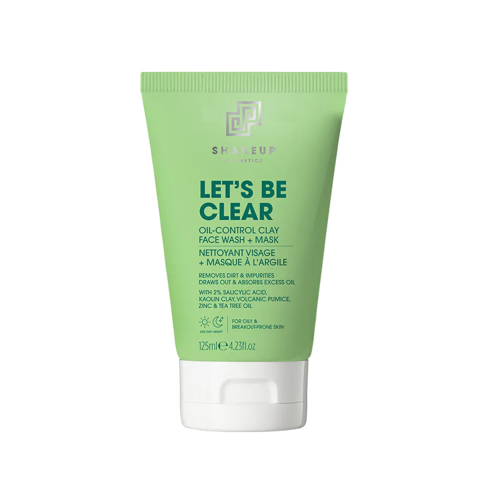 Green tube of 'Let's Be Clear' face wash with white cream on a white background