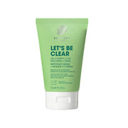 Green tube of 'Let's Be Clear' face wash with white cream on a white background