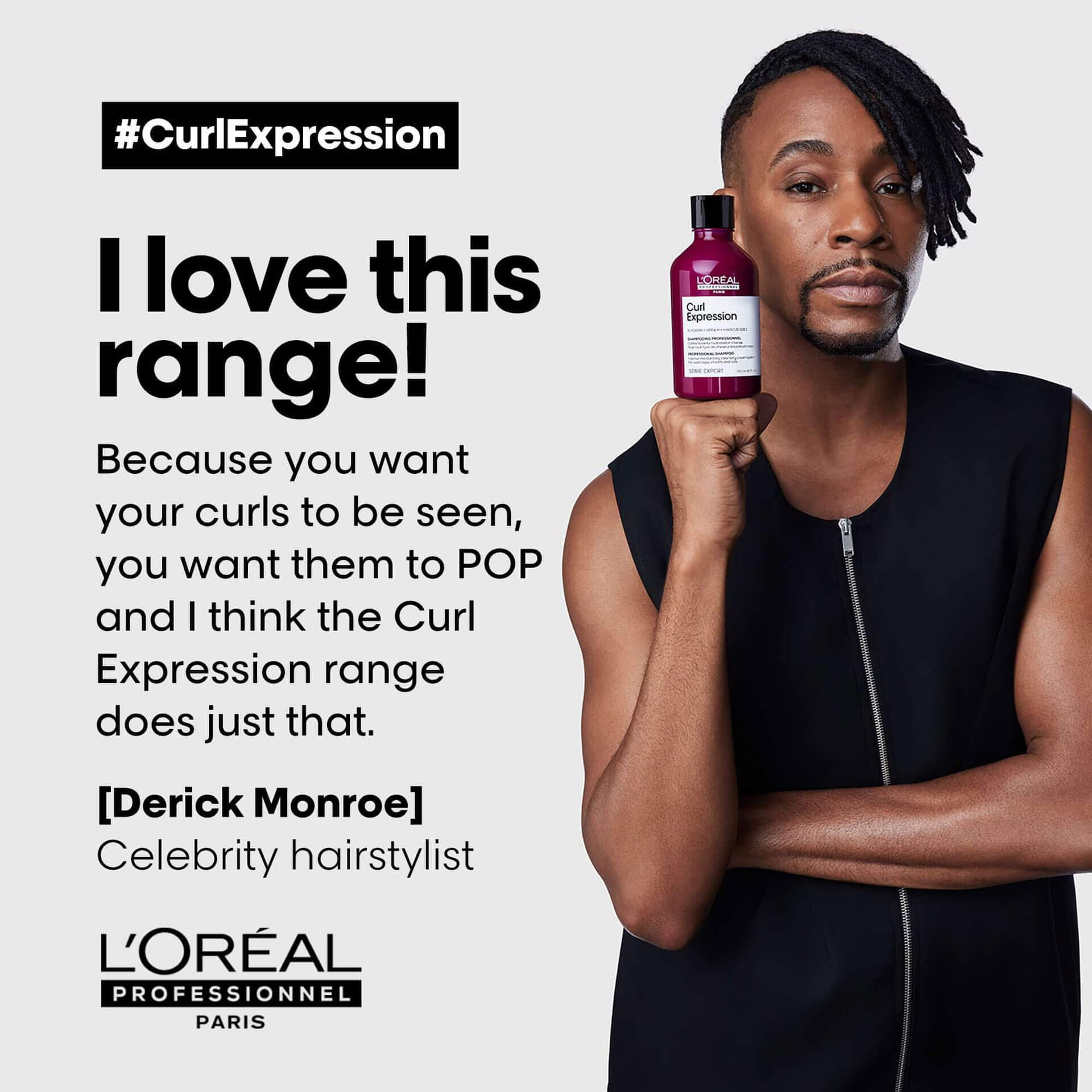 Man holding a bottle of L'Oreal Professionnel product with text about Curl Expression range.