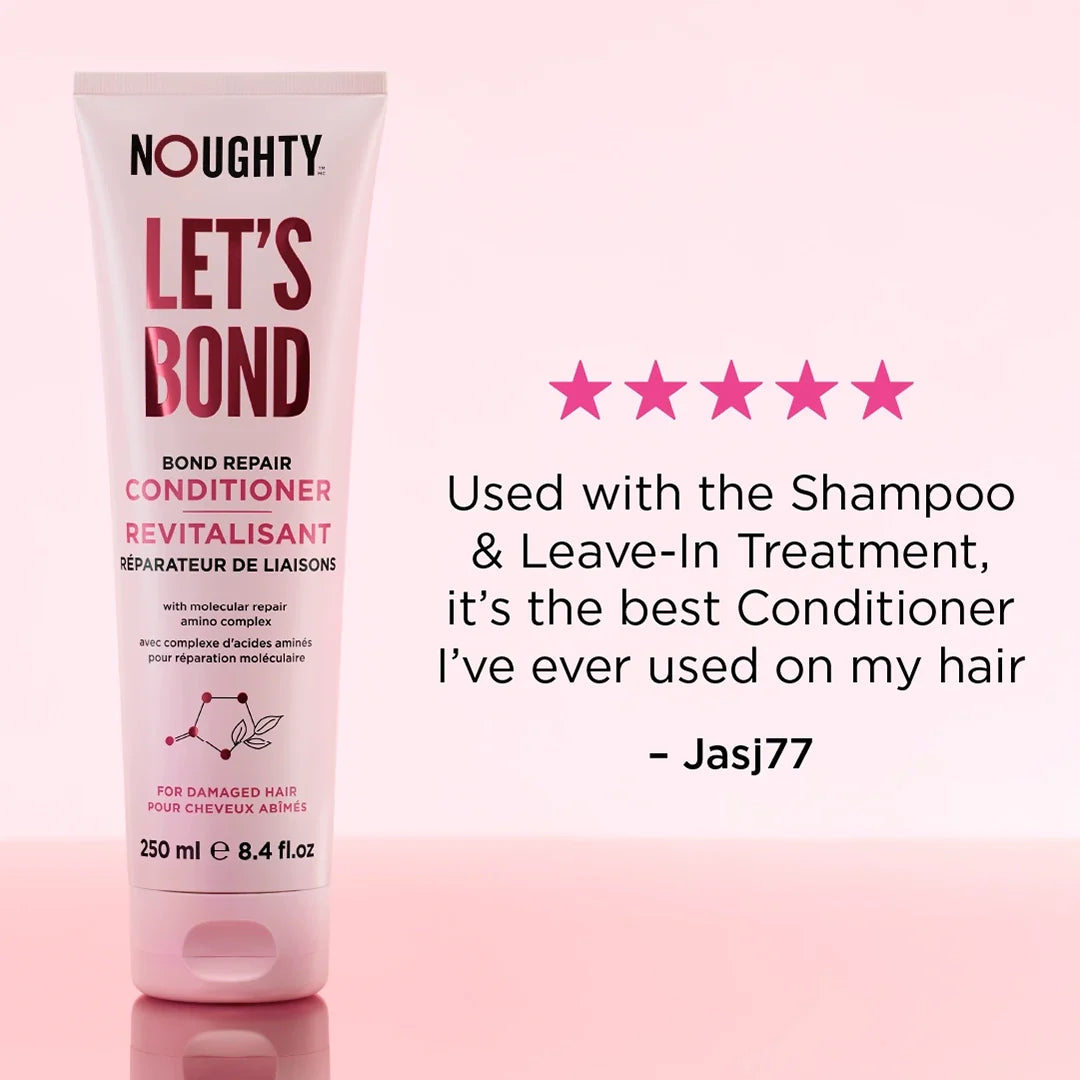 Nughty Let's Bond conditioner tube with positive review text on a pink background