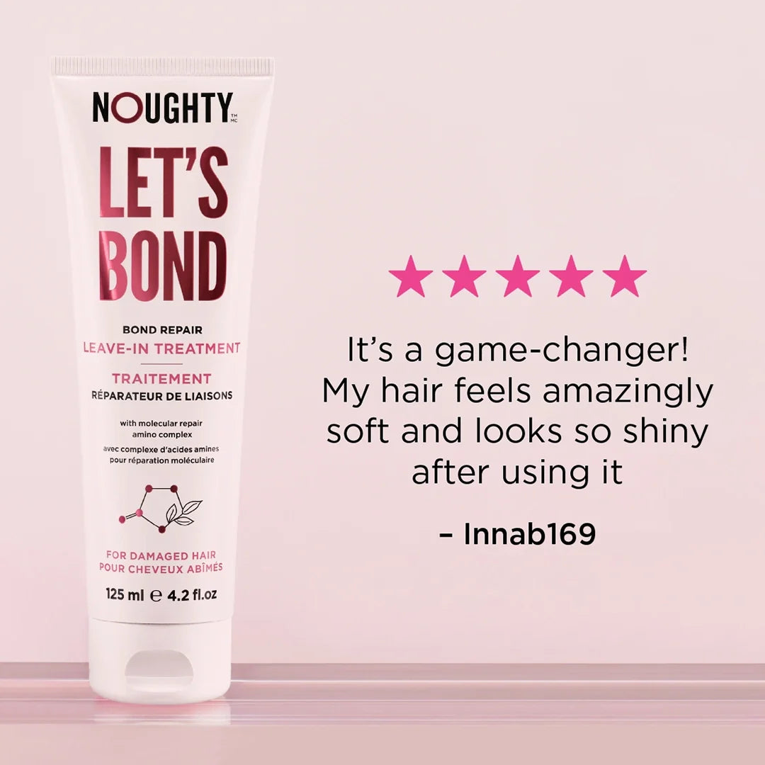 Tube of 'Noughty Let's Bond' hair treatment with customer review on a pink background