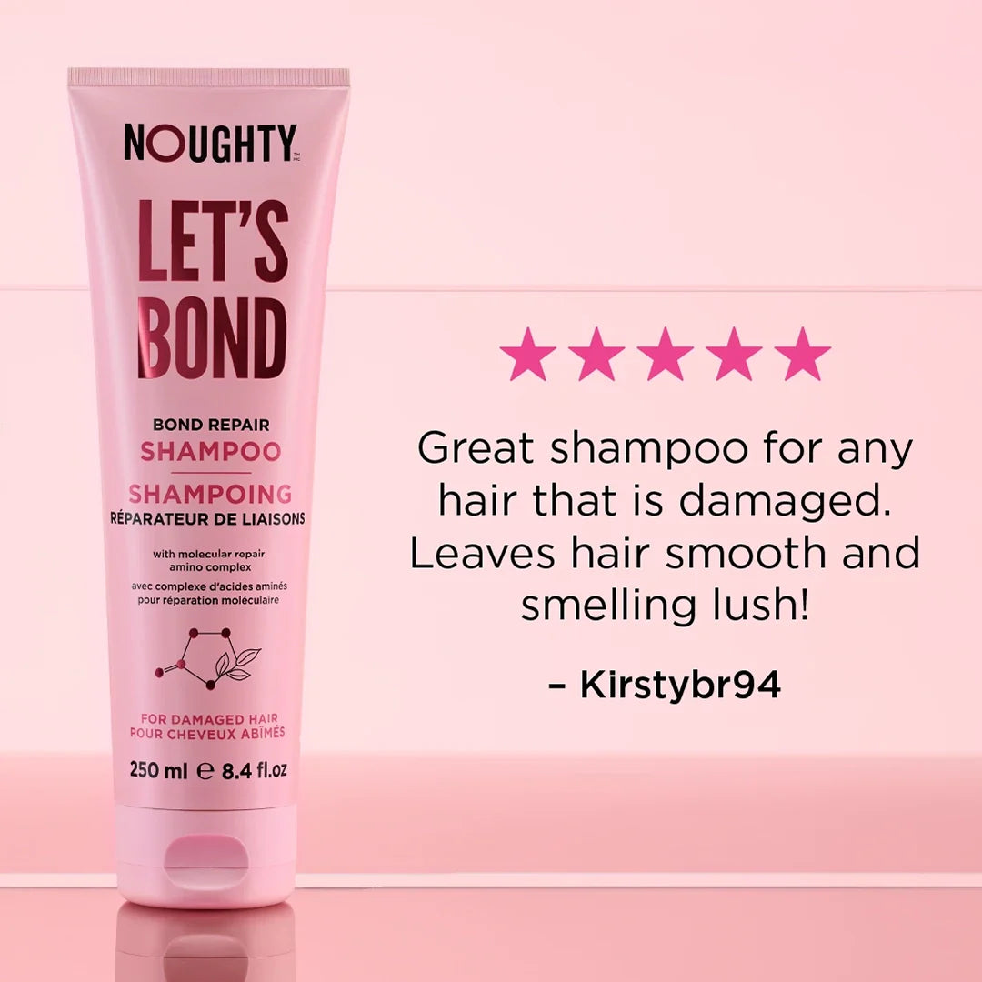 Pink shampoo bottle labeled 'Noughty Let's Bond' with product description and customer review on a pink background