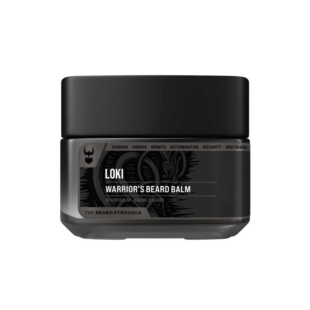 Black jar of 'Warrior's Beard Balm' by The Beard Struggle on a white background