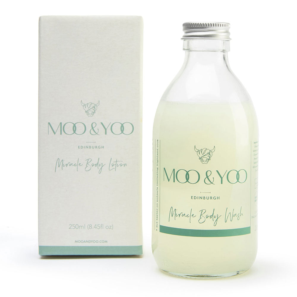 Moo & Yoo body wash bottle and packaging on a white background