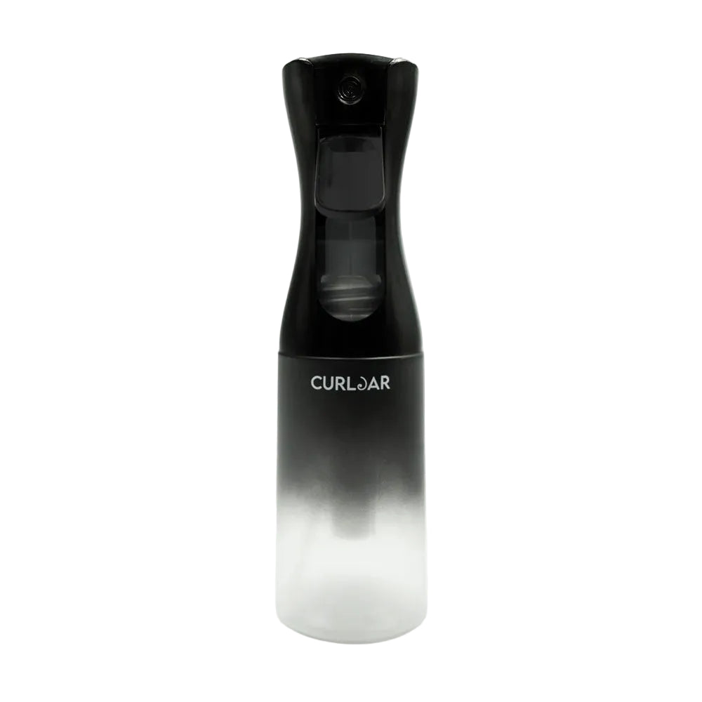 Black and white spray bottle with 'Curlbar' branding on a white background