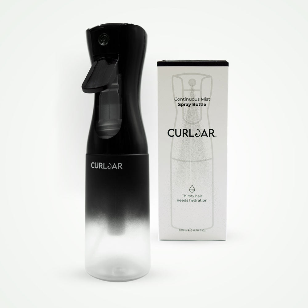 Black spray bottle with gradient design and packaging labeled 'CurlDar' on a white background