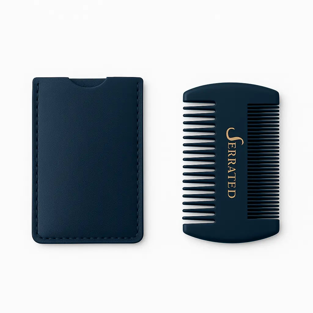 black beard comb and case set on a white background