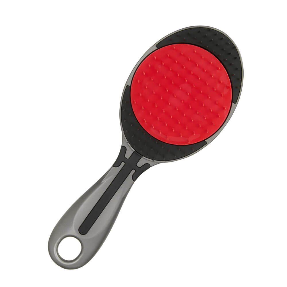 Red and black pet brush on a white background