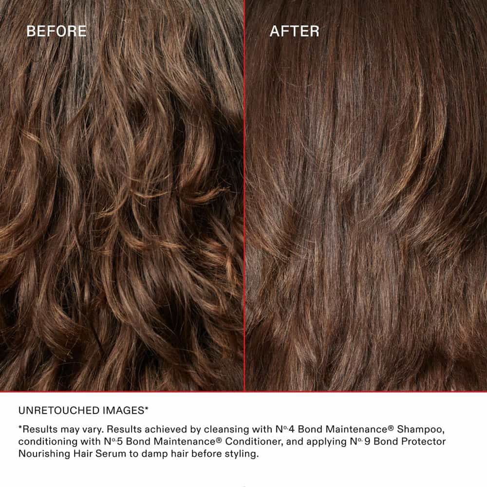 Before and after comparison of hair with text about product usage.