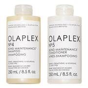 Olaplex No.4 Shampoo and No.5 Conditioner bottles on a white background