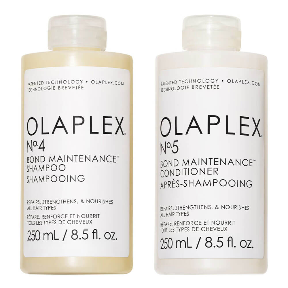 Olaplex No.4 Shampoo and No.5 Conditioner bottles on a white background