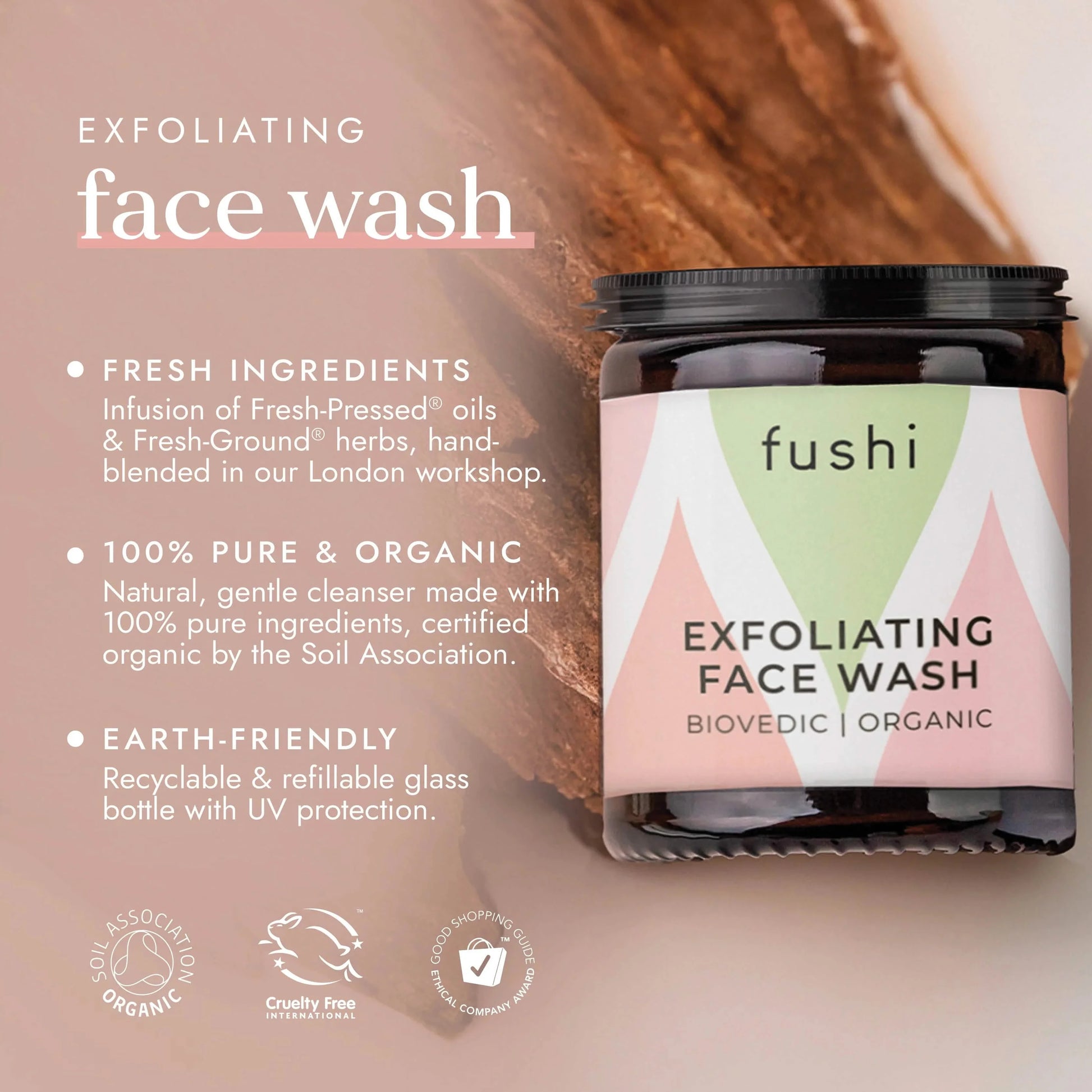 Fushi Exfoliating Face Wash jar with product details on a blurred background