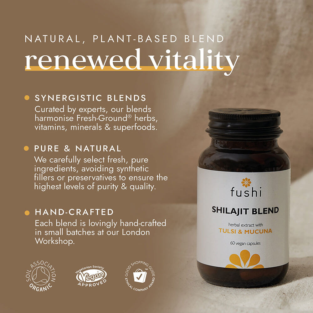 Fushi Shilajit Blend bottle with product details on a brown background