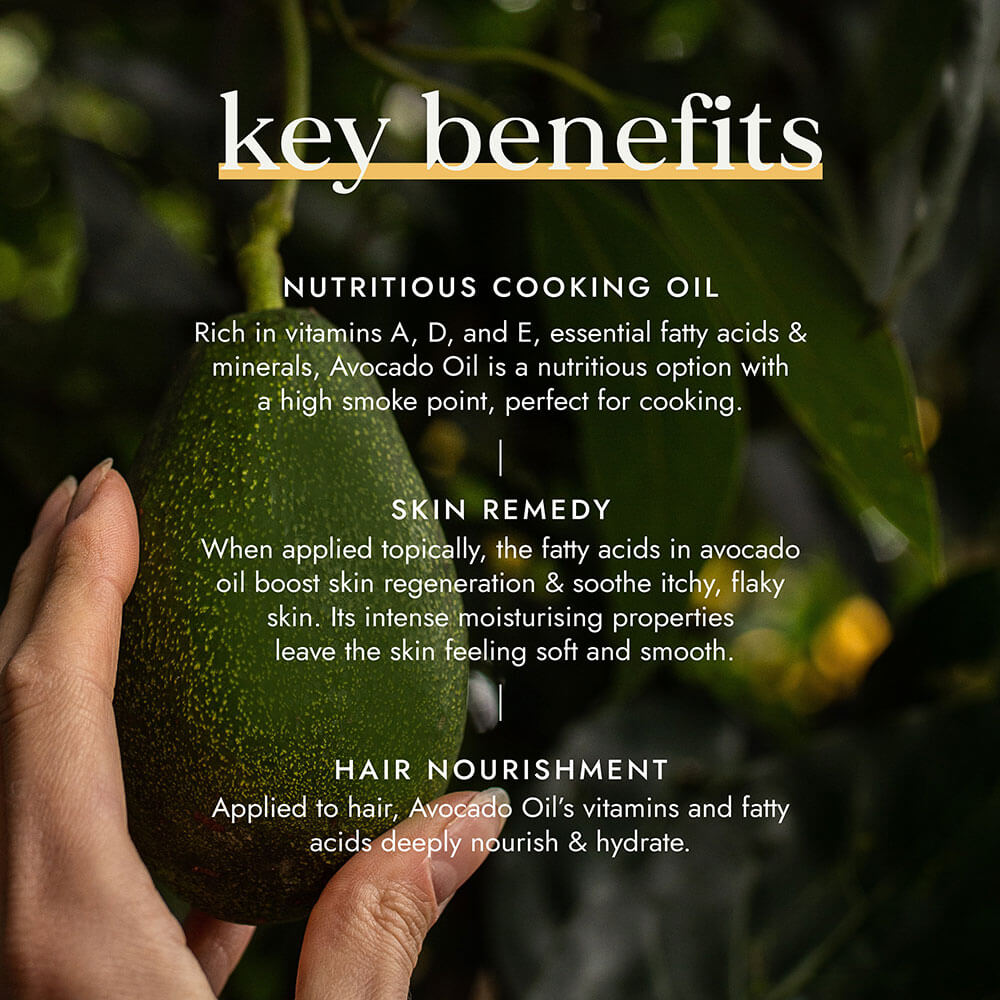 Hand holding an avocado with text about its key benefits on a dark background