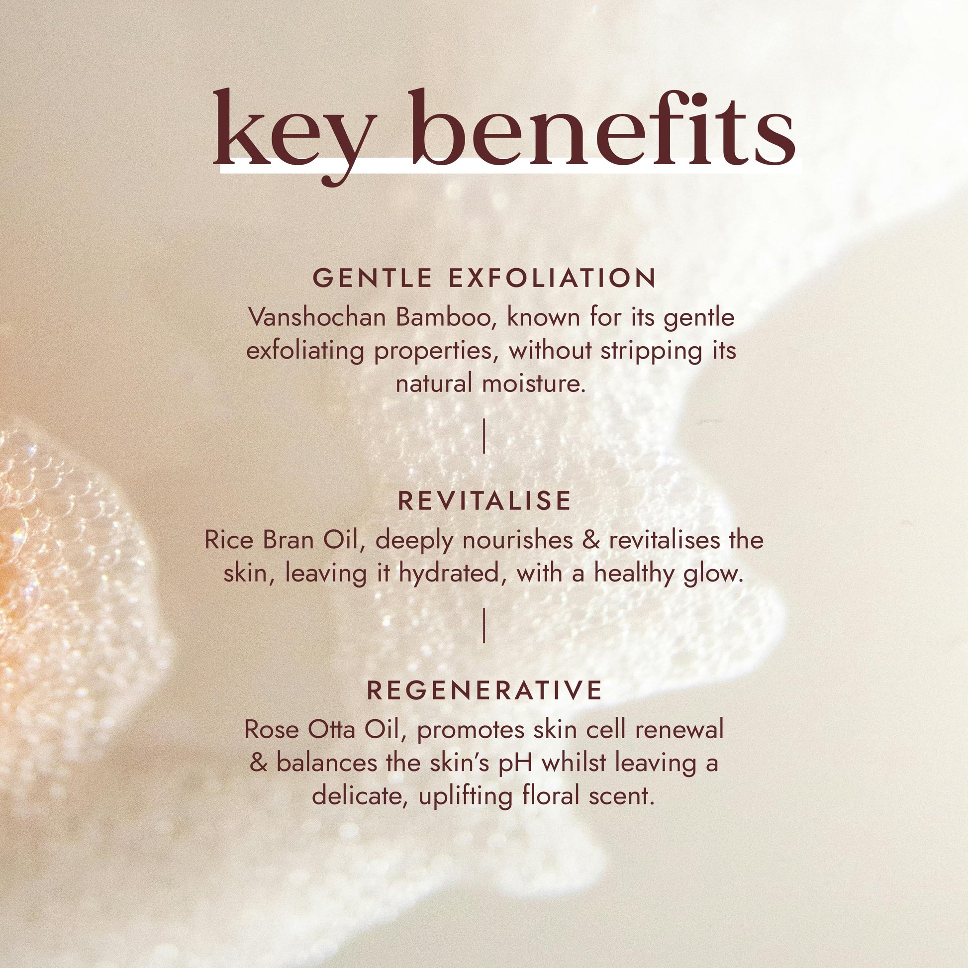 Key benefits of a skincare product with text on a beige background
