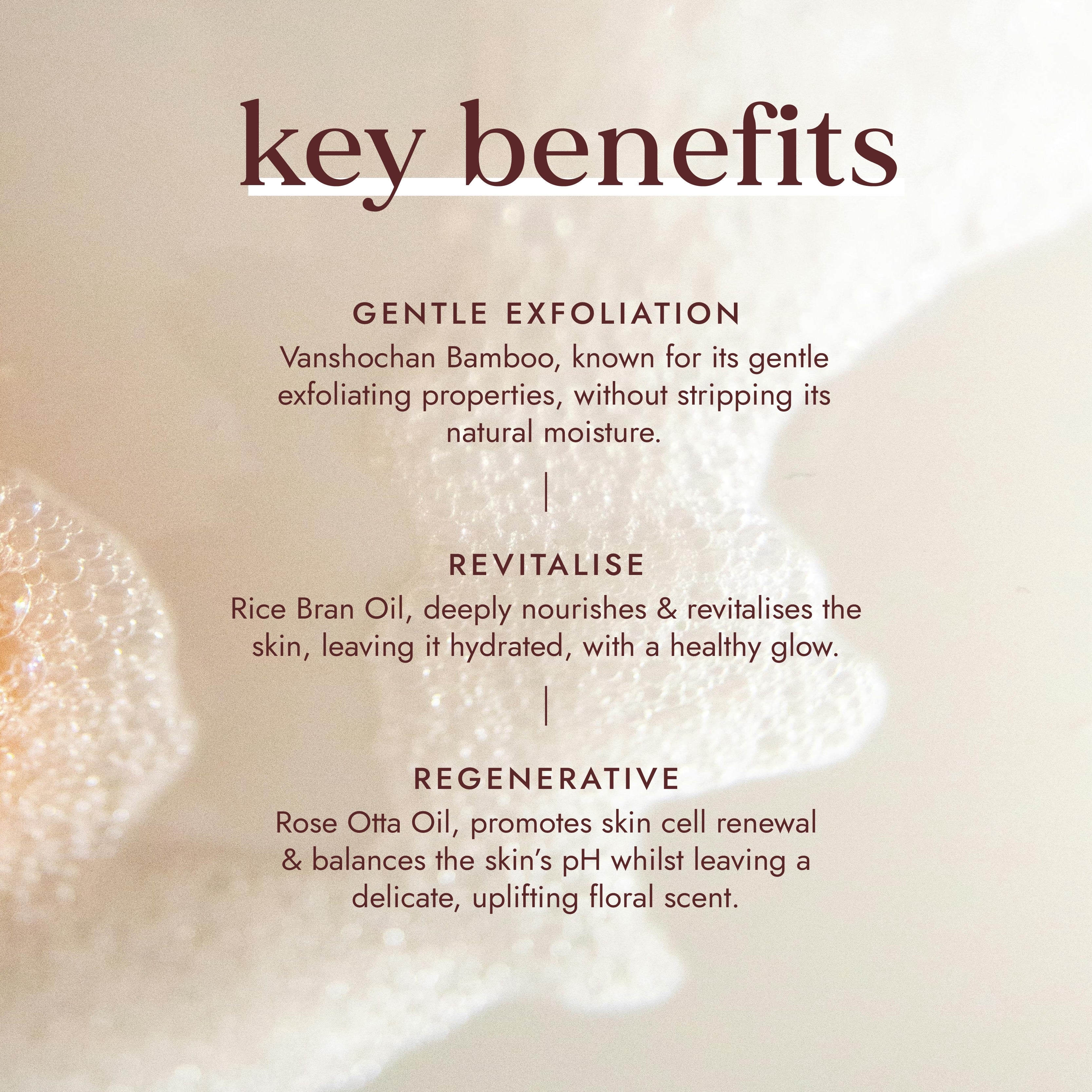 Key benefits of a skincare product with text on a beige background