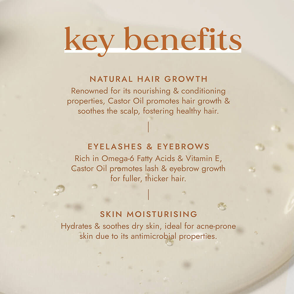 Text detailing key benefits of castor oil on a beige background