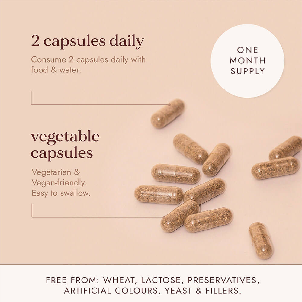 Vegetable capsules with text on a beige background
