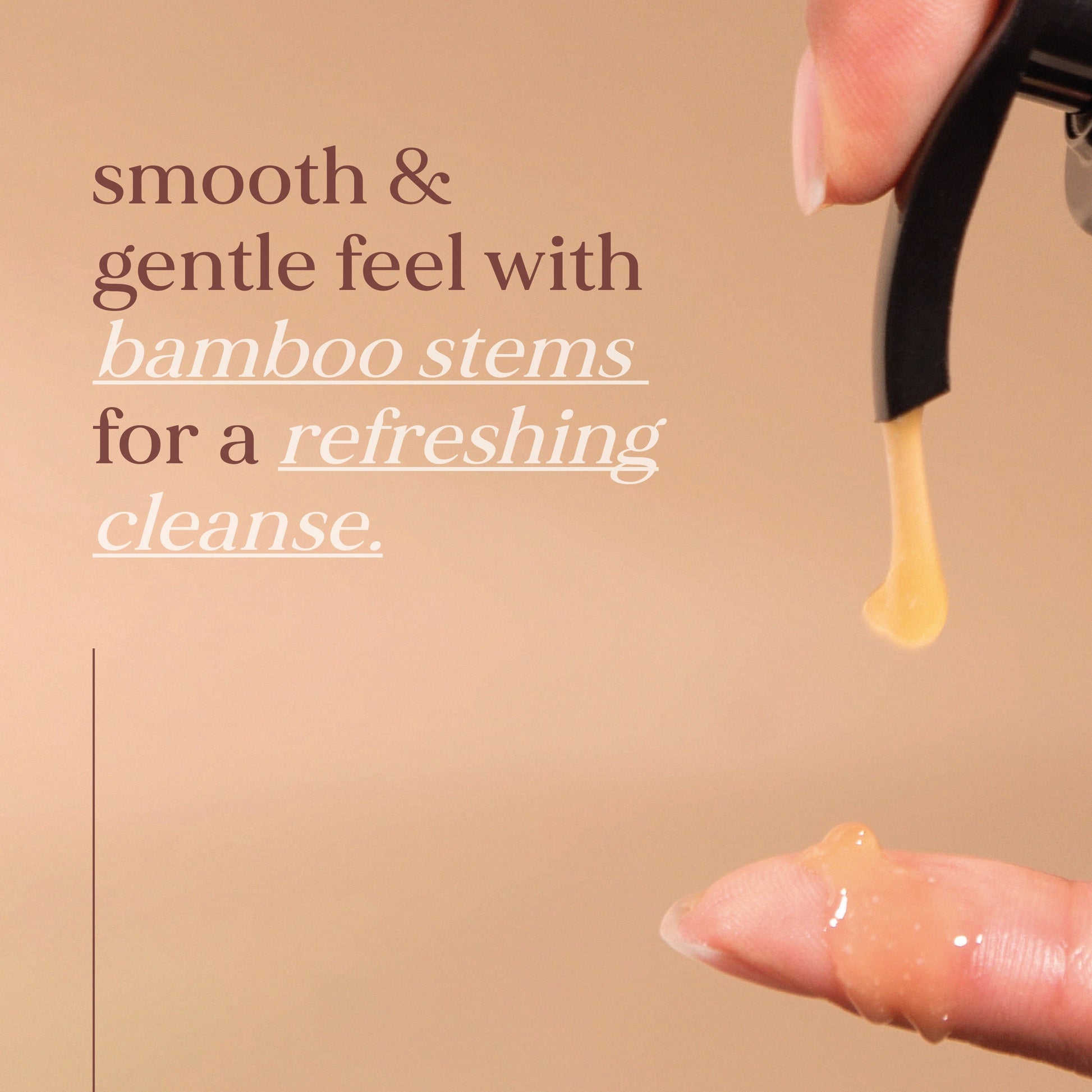 Product being applied to a finger with text about bamboo stems on a beige background
