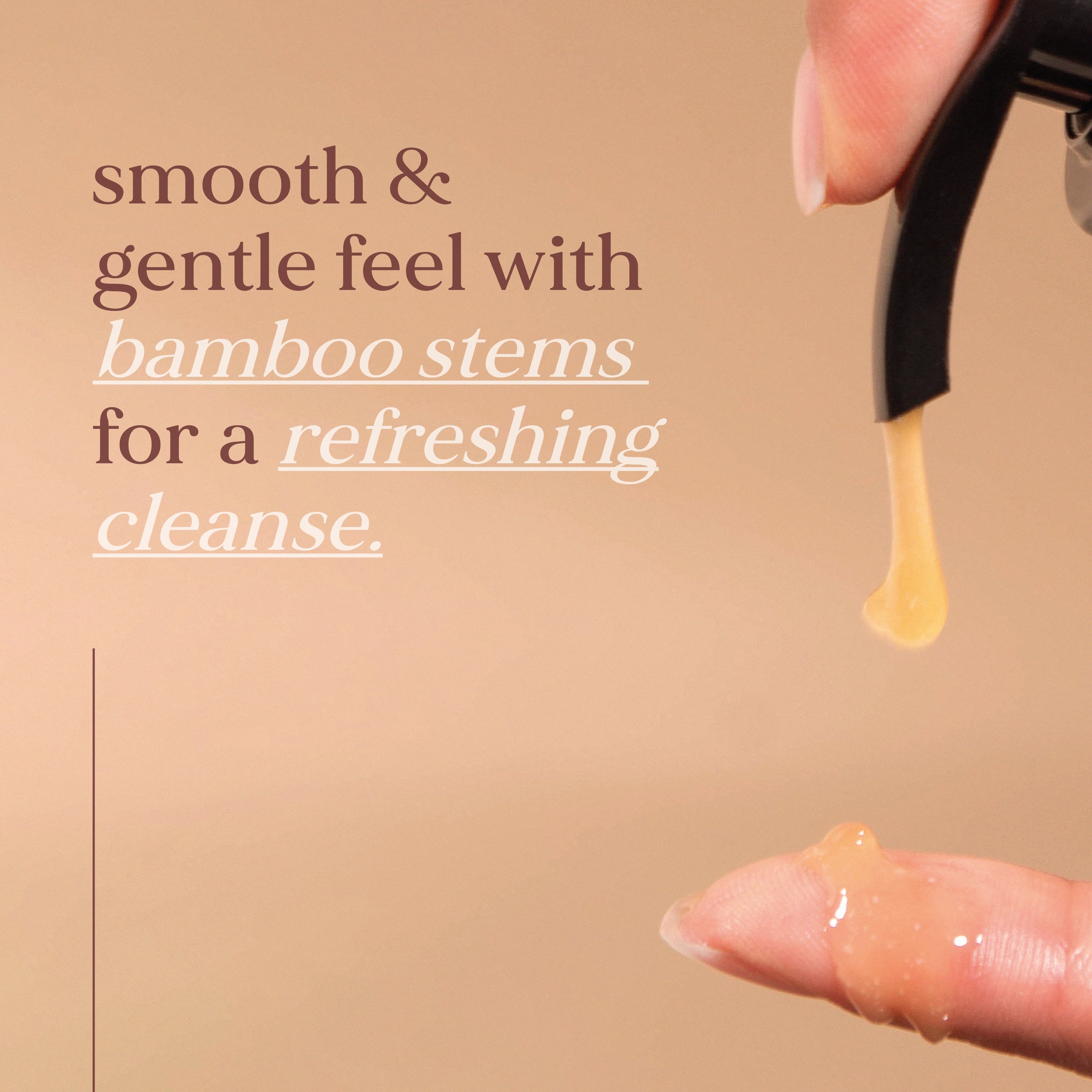 Product being applied to a finger with text about bamboo stems on a beige background