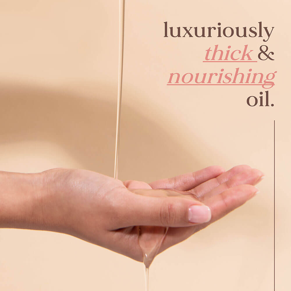 Hand receiving a luxurious stream of oil with text 'luxuriously thick & nourishing oil' on a beige background.