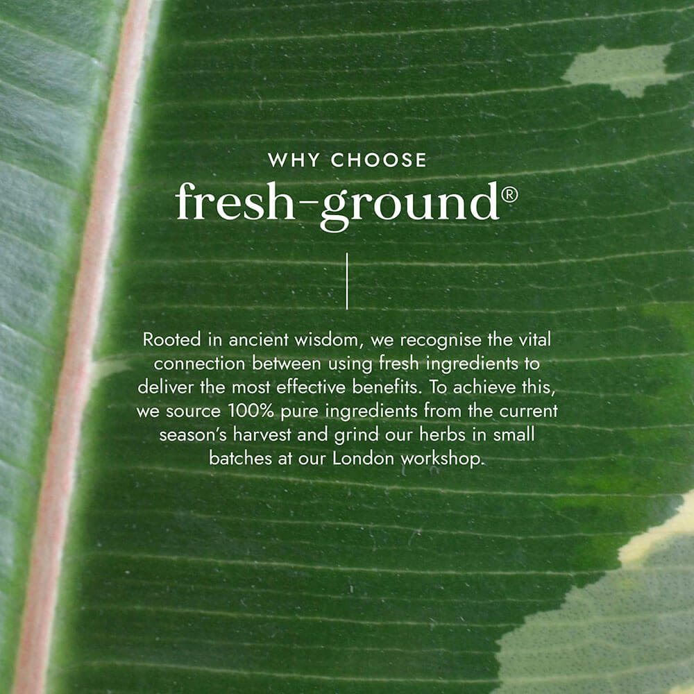 Text on a green leaf background promoting 'fresh-ground' brand