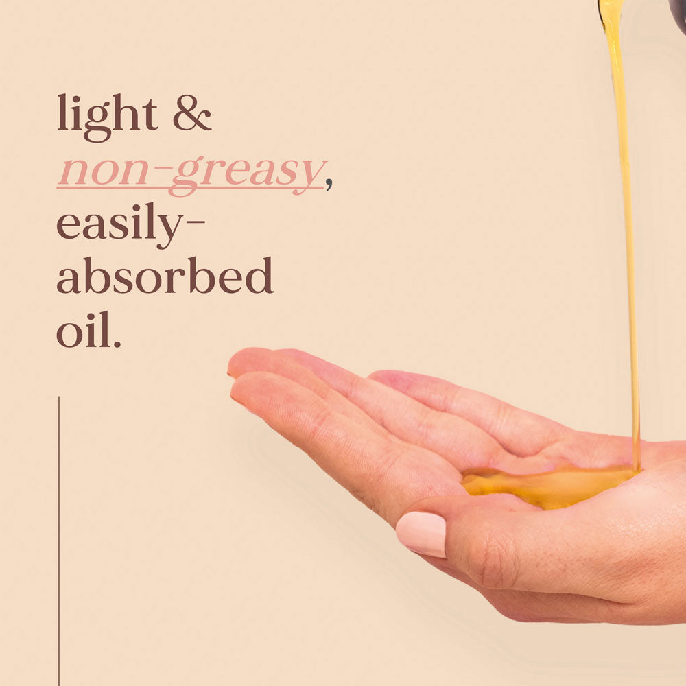 Hand holding a light oil with text 'light & non-greasy, easily-absorbed oil.' on a beige background
