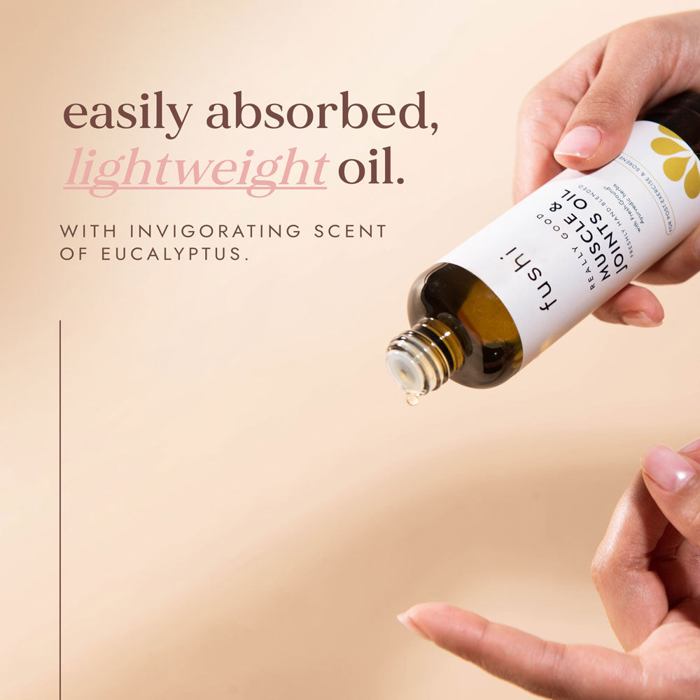 Hand holding a bottle of oil with text about its properties on a beige background
