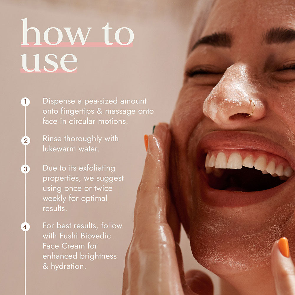 Instructions on how to use a facial product with a close-up of a woman's face.