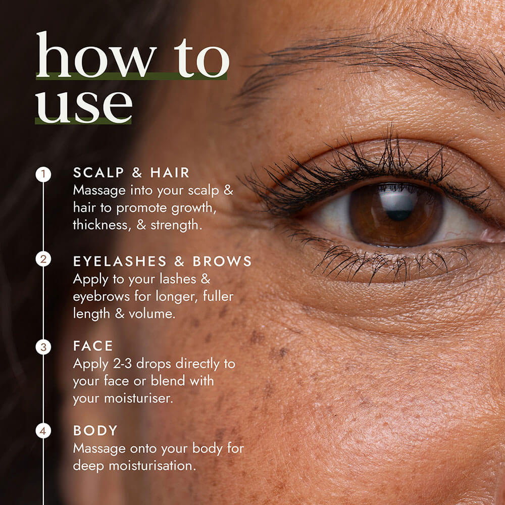 Close-up of a person's eye with text on how to use a product, focusing on scalp, hair, eyelashes, brows, face, and body.