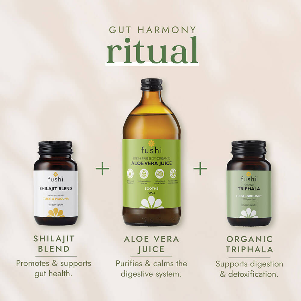 Fushi gut health products including Shilajit Blend, Aloe Vera Juice, and Organic Triphala on a beige background.