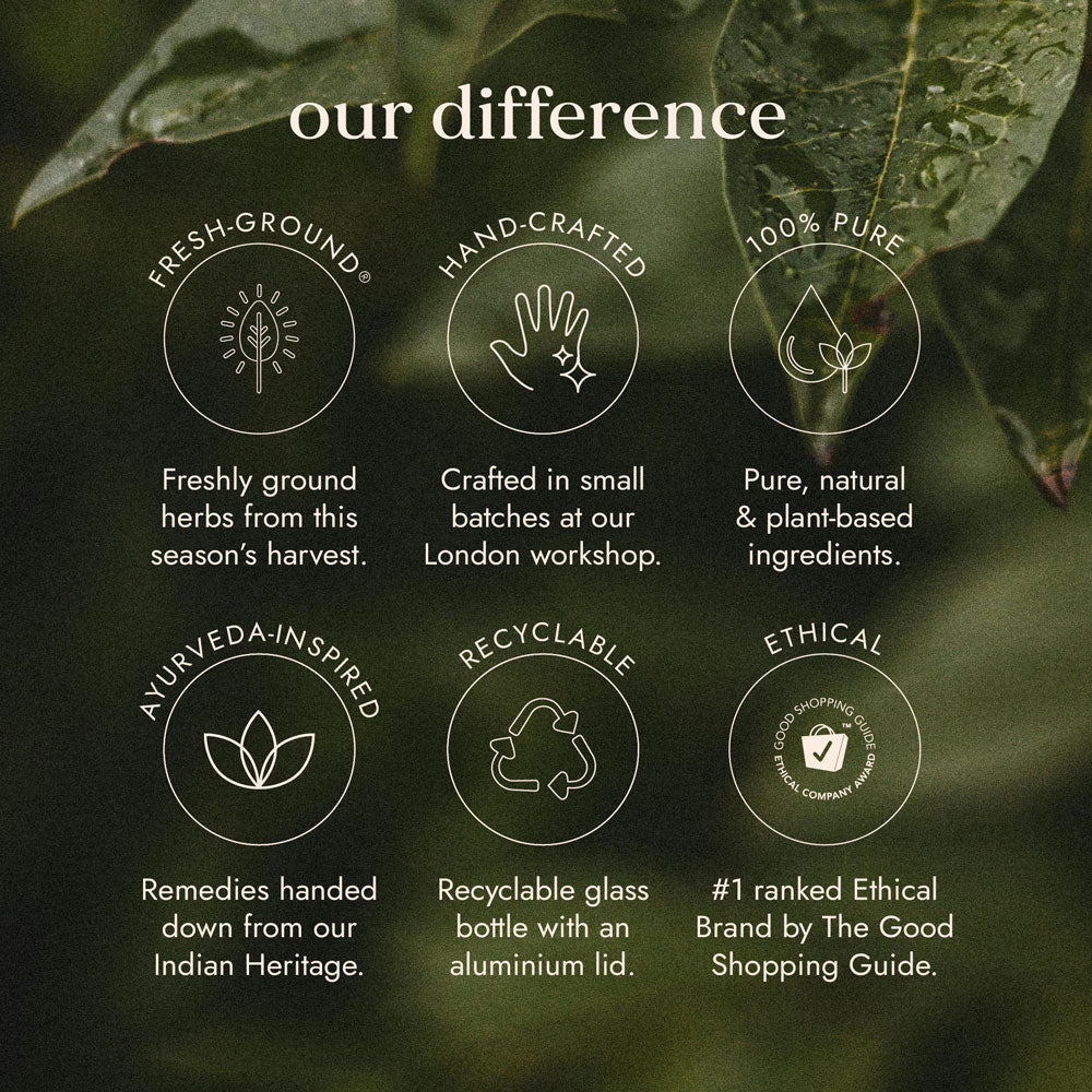 Promotional graphic highlighting the brand's attributes with leafy green background