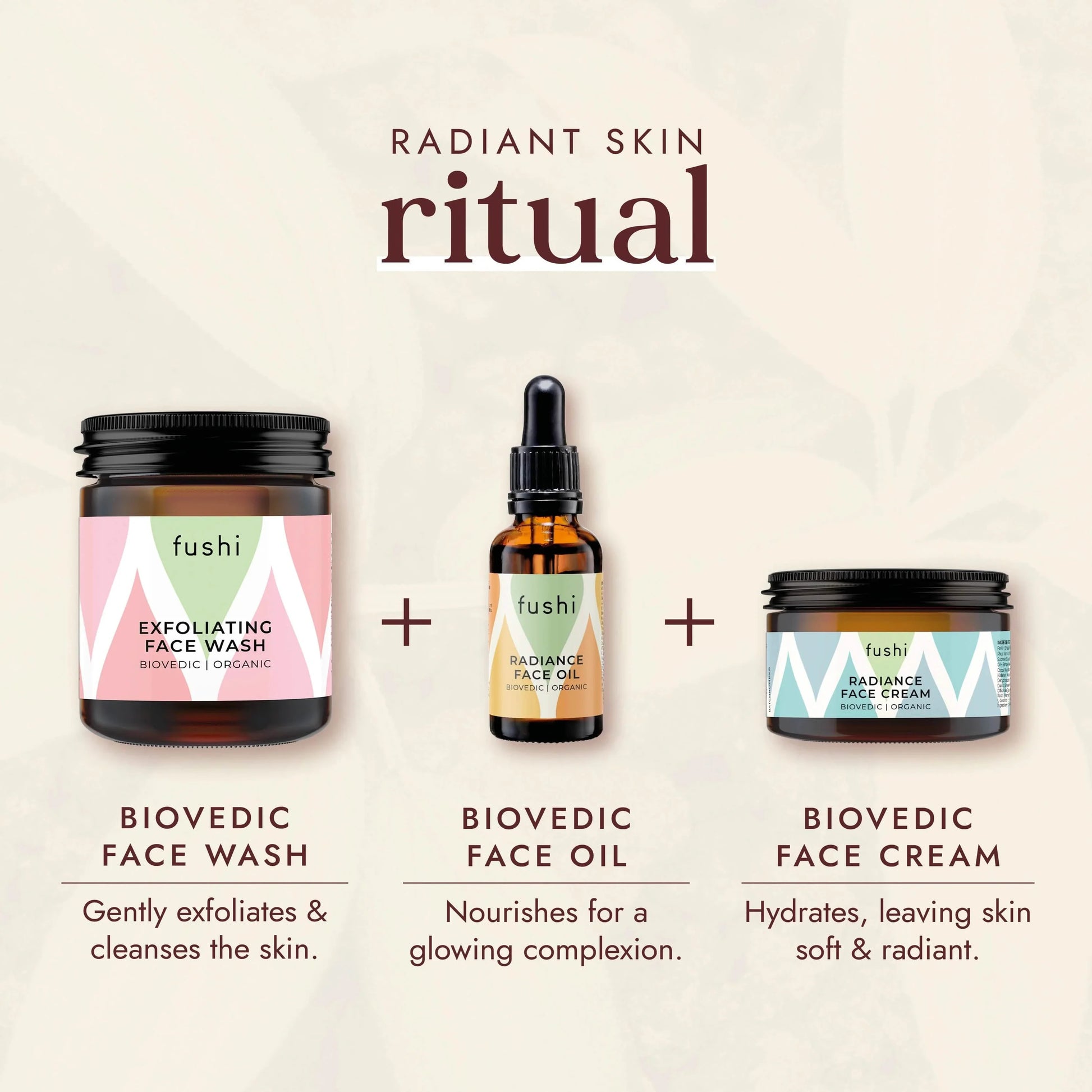 Fushi Radiant Skin Ritual set with face wash, oil, and cream on a light background