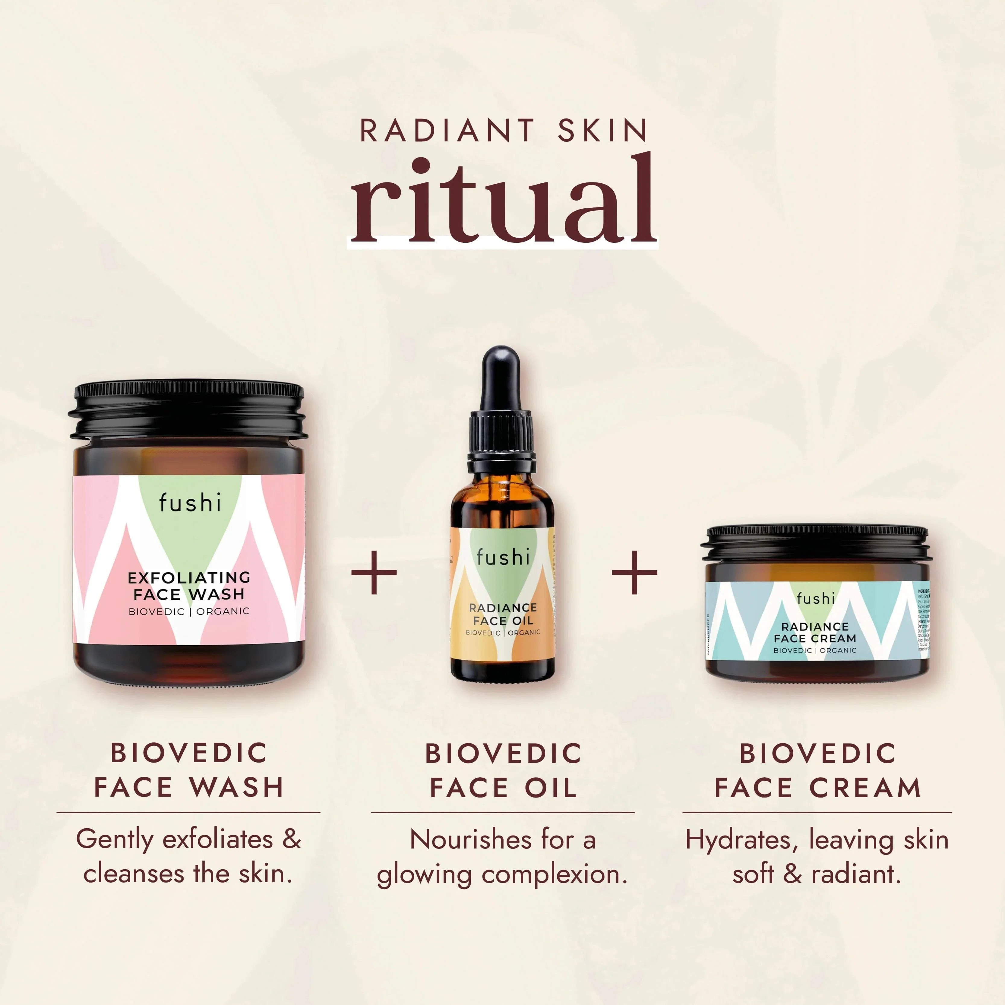 Fushi Radiant Skin Ritual set with face wash, oil, and cream on a light background