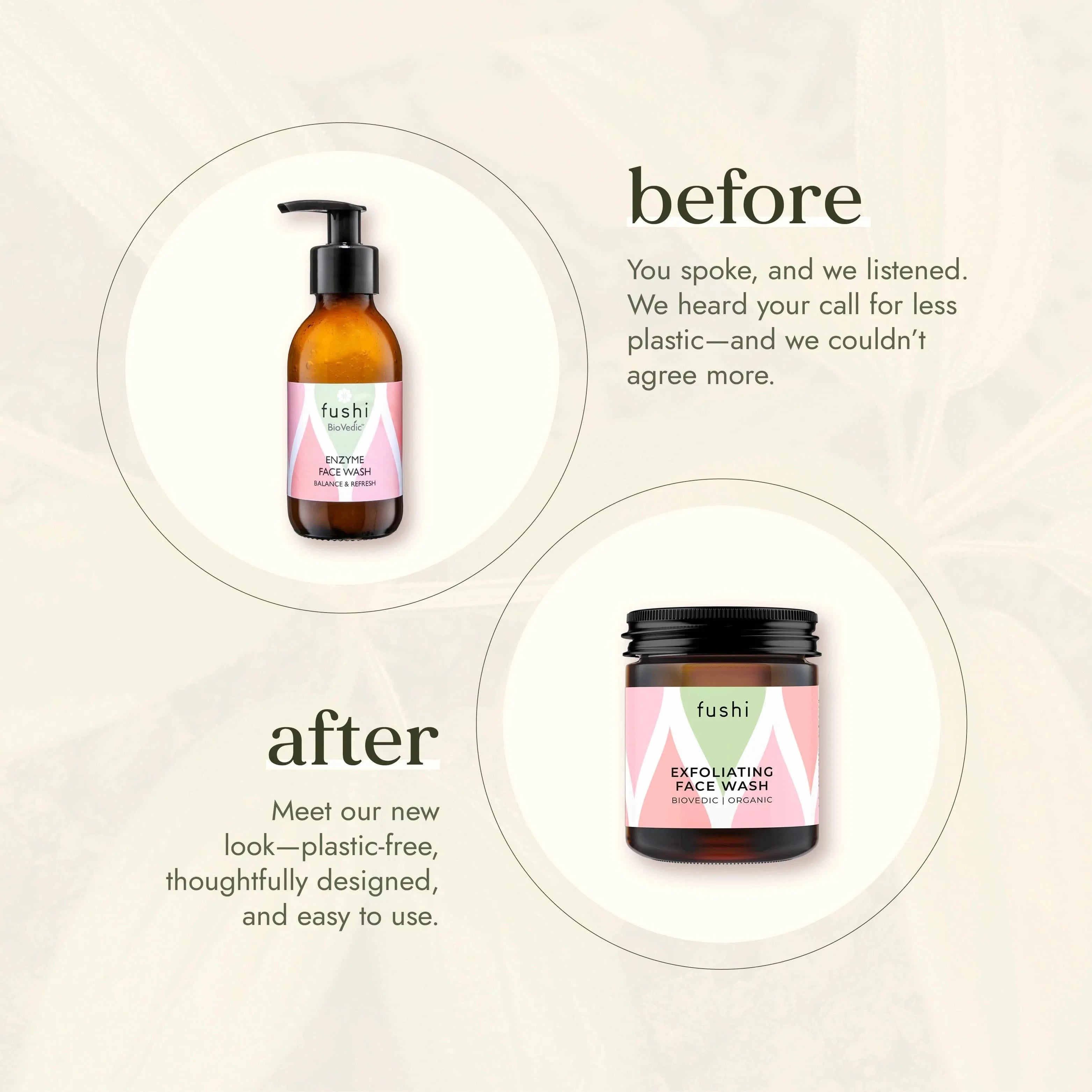 Fushi skincare products with text about plastic-free packaging on a beige background
