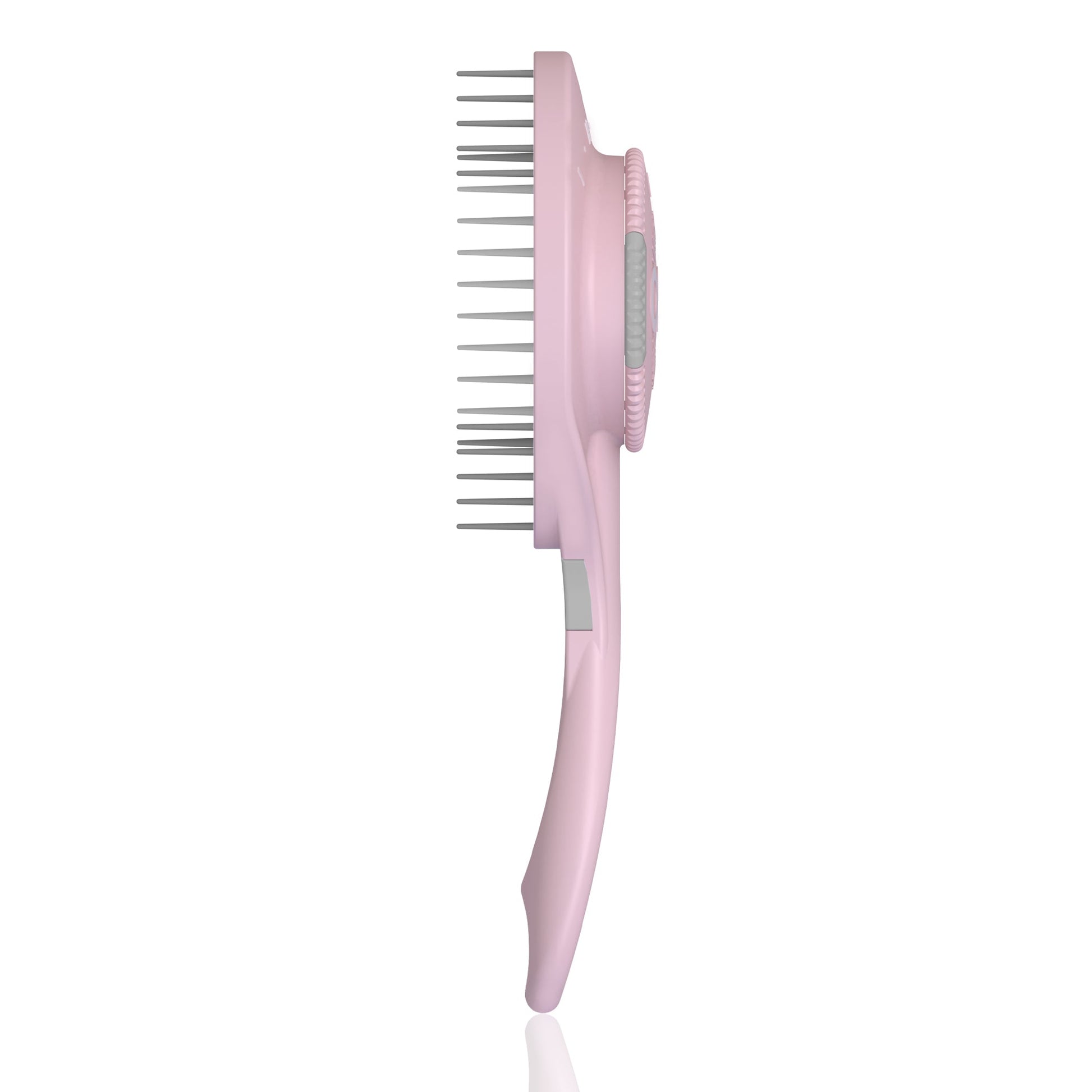 Pink hairbrush with metal bristles on a white background
