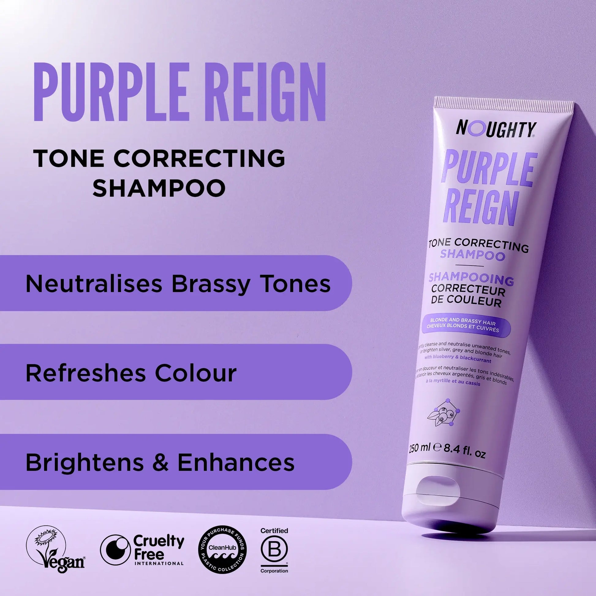 Purple Reign tone correcting shampoo tube on a purple background with product details.
