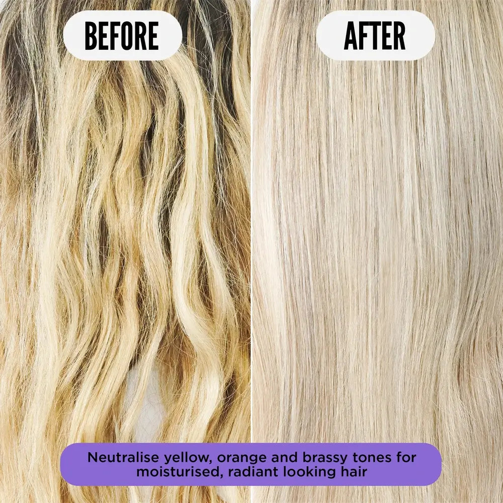 Before and after comparison of blonde hair with text indicating hair treatment effects.