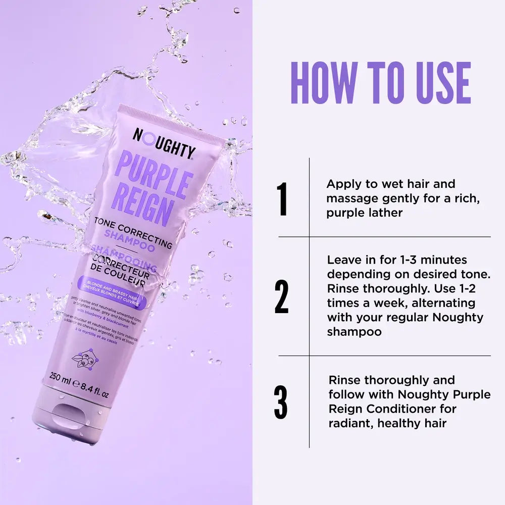 Nughty Purple Reign shampoo tube with usage instructions on a purple background