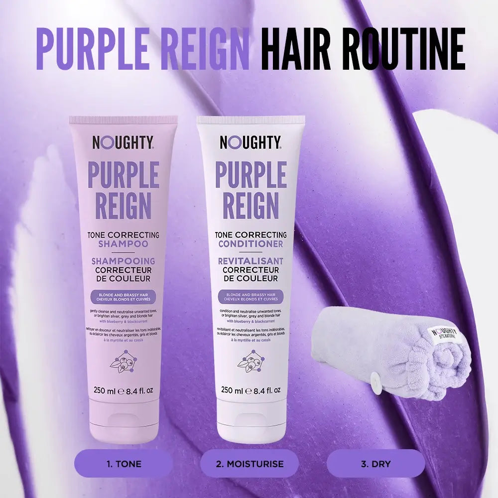 Purple Reign hair care products with shampoo and conditioner on a purple background