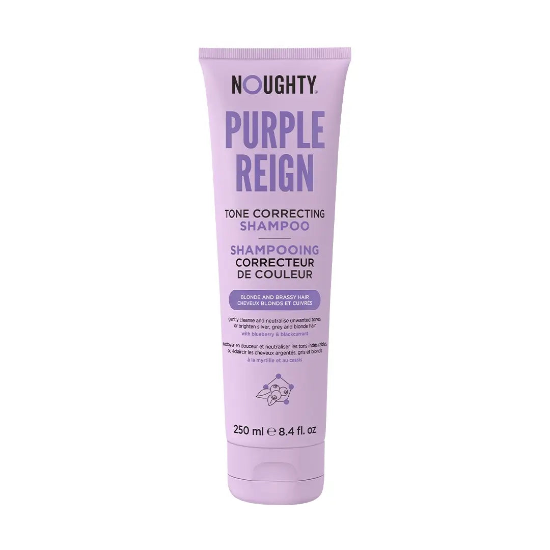 Purple shampoo bottle labeled 'Noughty Purple Reign' on a white background