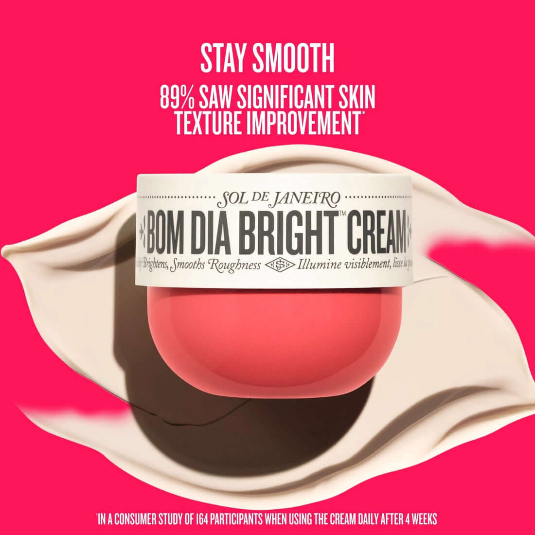 SOL DE JANEIRO Bom Dia Bright Cream jar on a pink background with text about skin texture improvement.