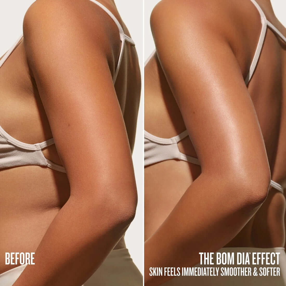 Before and after comparison of skin texture with 'The Bom Dia Effect' text.