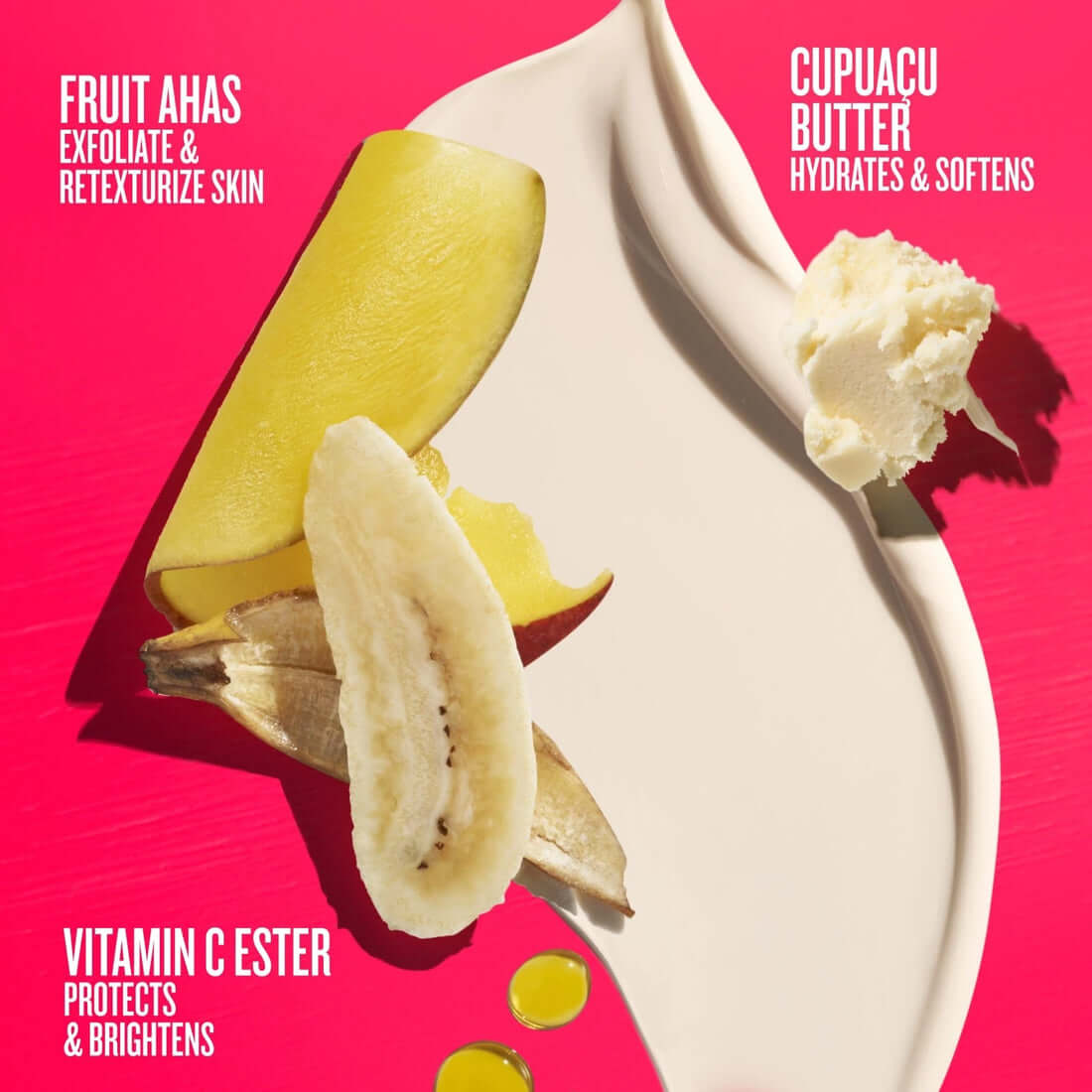 Banana slices and cupuacu butter on a pink background with text about skincare benefits.