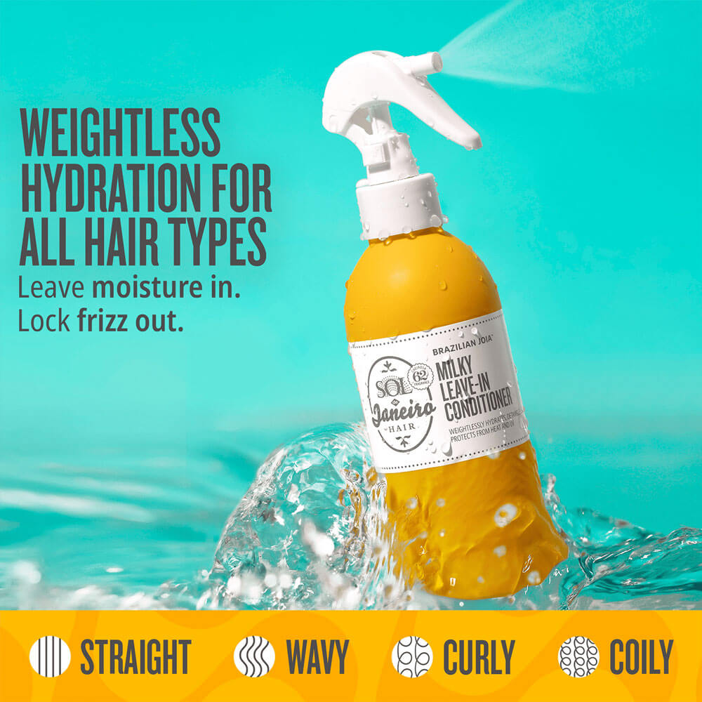 Yellow bottle of hair conditioner with a white label against a blue water splash background