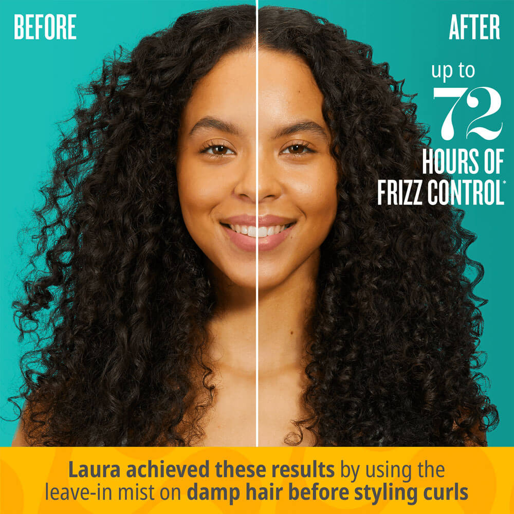 Before and after comparison of a woman's hair with text about frizz control and product use.