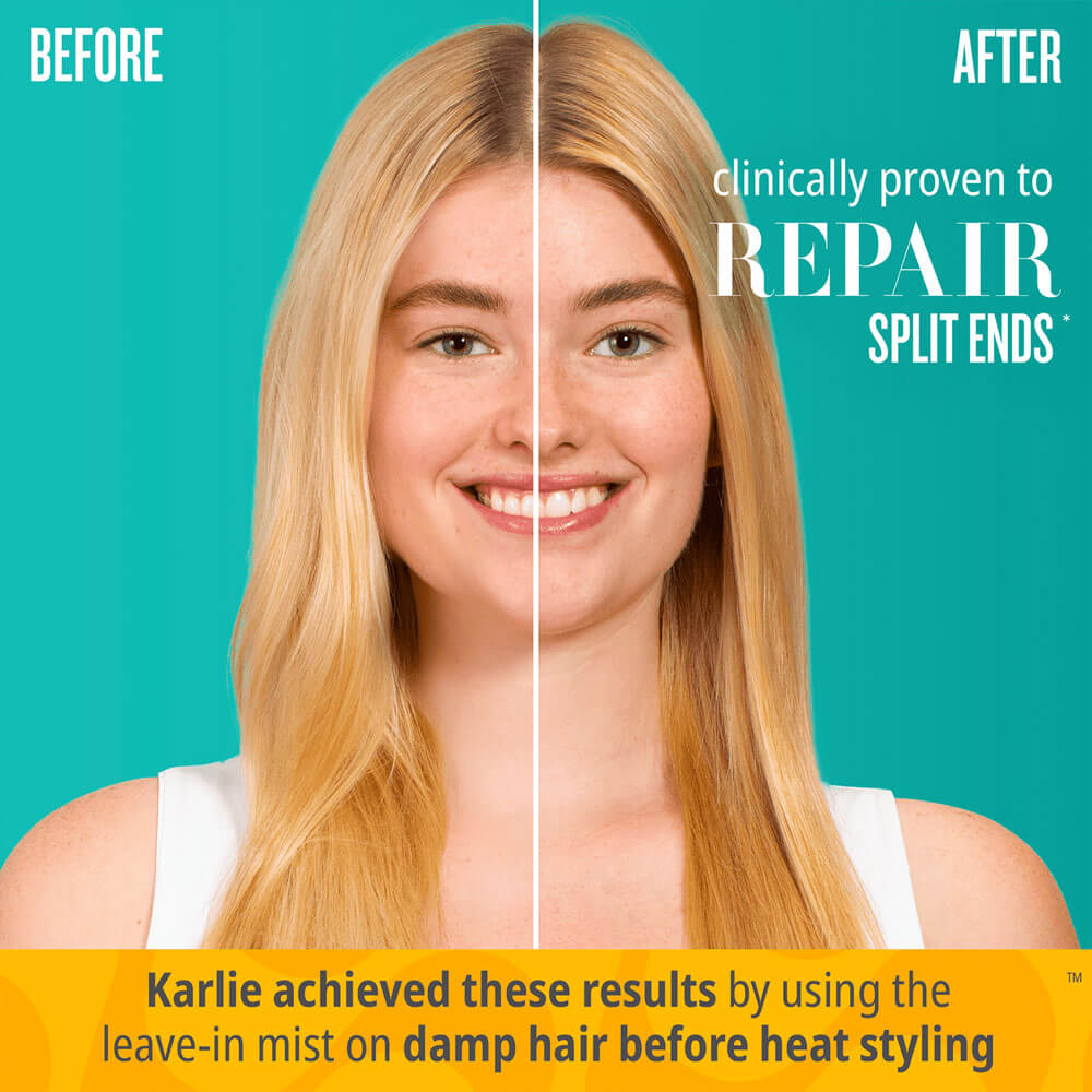 Before and after comparison of a woman's hair with text about split end repair.